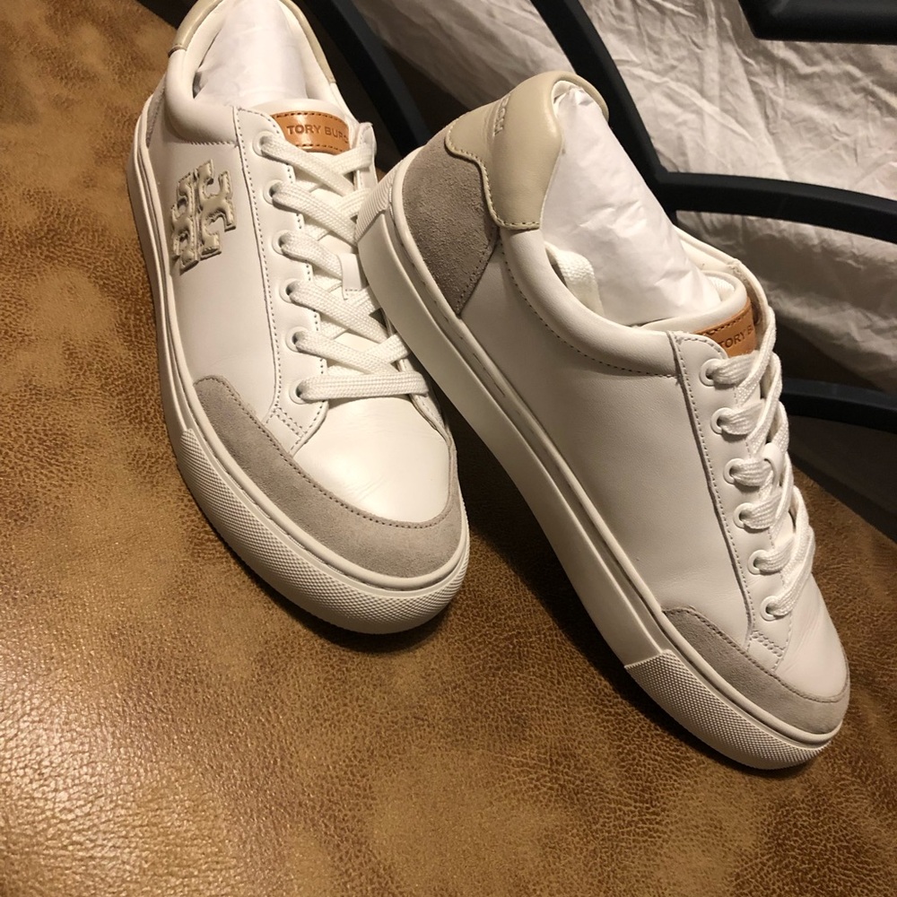 Tory Burch White Leather Sneakers with Taupe Accents
